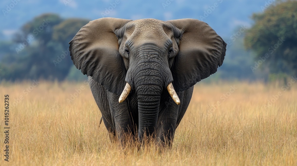 Fototapeta premium A large African elephant with tusks stands in a tall grassy field, looking directly at the camera.