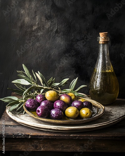 Artisanal Mediterranean Olives and Olive Oil on Rustic Wooden Table