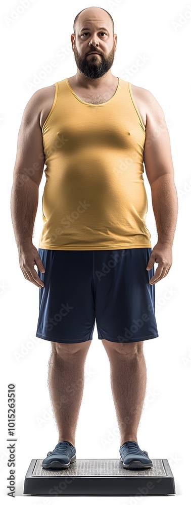 Overweight Man Standing on Scale in White Studio Overweight Man Standing on Scale in White Studio