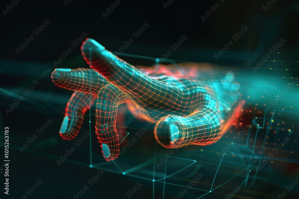 A futuristic digital hand rendered with a grid pattern, symbolizing technology, connection, and innovation in a vibrant, abstract environment