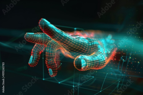 Obraz na płótnie A futuristic digital hand rendered with a grid pattern, symbolizing technology, connection, and innovation in a vibrant, abstract environment w salonie