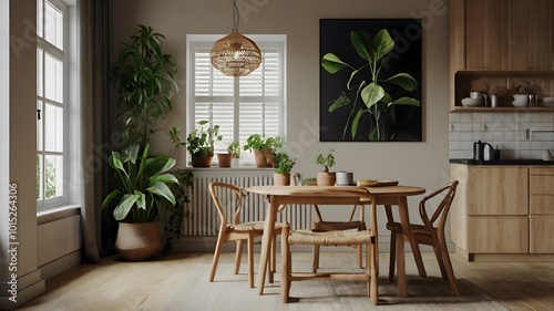 An inviting kitchen corner with wall art, a light wood side table, hanging plants, comfortable seating, and tasteful accessories. A blend of function and beauty.