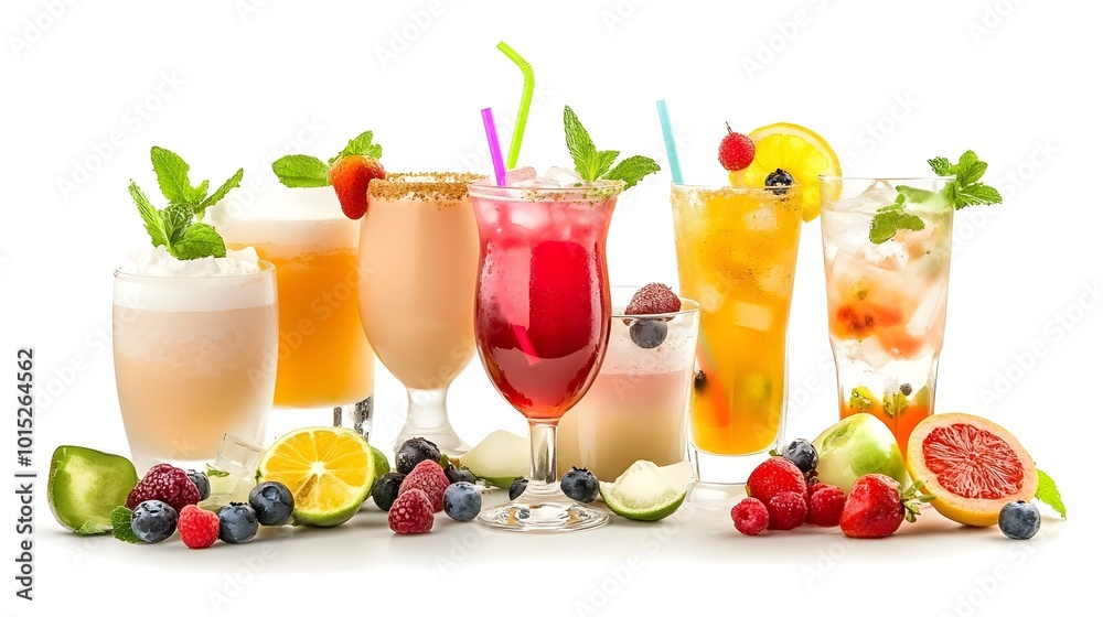 Variety of Exotic and Colorful Beverages and Drinks on White Background Variety of Exotic and Colorful Beverages and Drinks on White Background