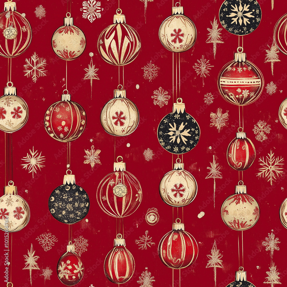 A red background with Christmas ornaments and snowflakes in gold, silver, blue, black, green and white on the fabric pattern.