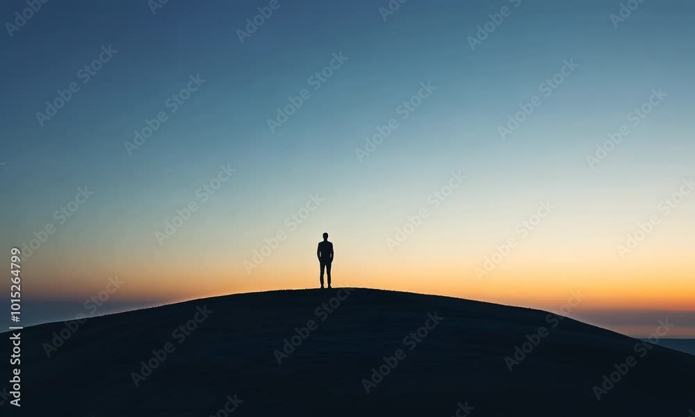Minimalist silhouette of a lone person standing on a hilltop at dusk, with a gradient sky and soft shadows, capturing the essence of solitude and introspection, . Video Minimalist silhouette of a lone person standing on a hilltop at dusk, with a gradient sky and soft shadows, capturing the essence of solitude and introspection, . Video