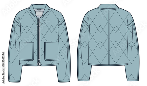 Bomber Jacket technical fashion Illustration, fashion design. Down Jacket fashion flat technical drawing template, pockets, zipper, front and back view, blue, women, men, unisex CAD mockup set.