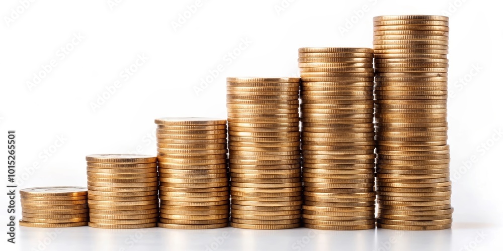 Growing columns of coins on a white background. Investments, financial markets Growing columns of coins on a white background. Investments, financial markets