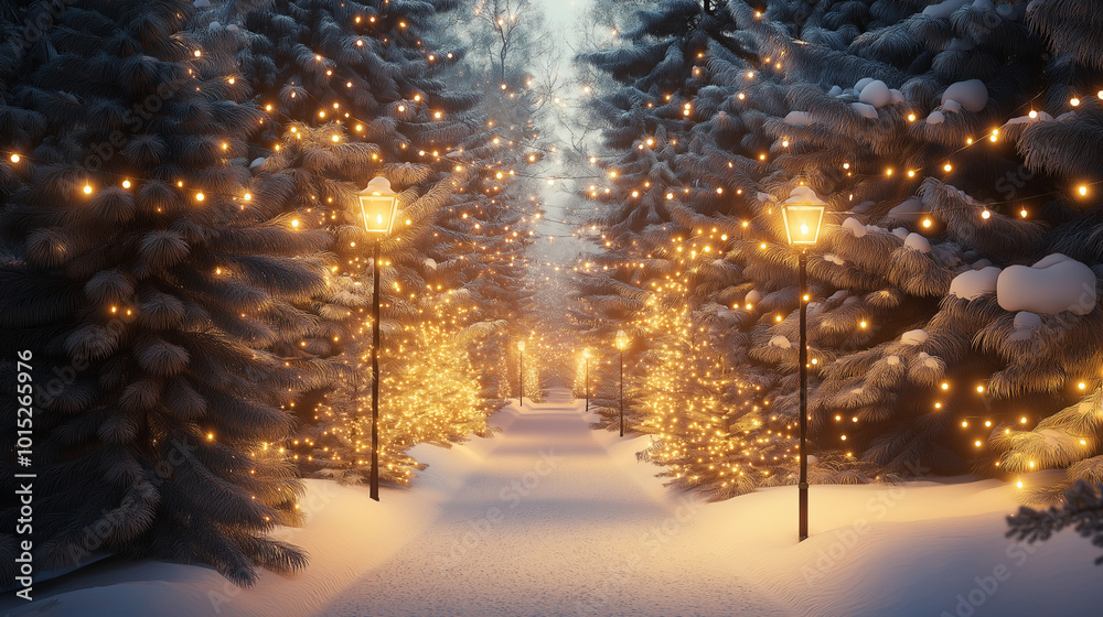 Obraz premium Snow-covered pathway lined with lit Christmas trees and lanterns in winter forest