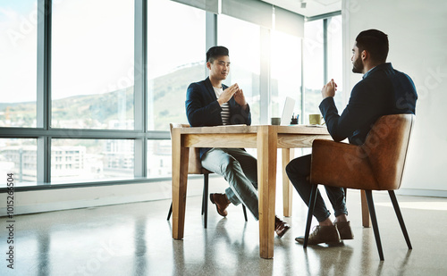 Business, men and client on consultation at office for discussion on stock market and finance as asset manager. Male person, employee and conversation with customer for feedback or report on shares