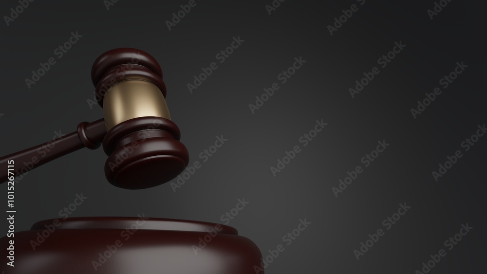 3d rendering of wooden court gavel, or auction hammer, on dark background.