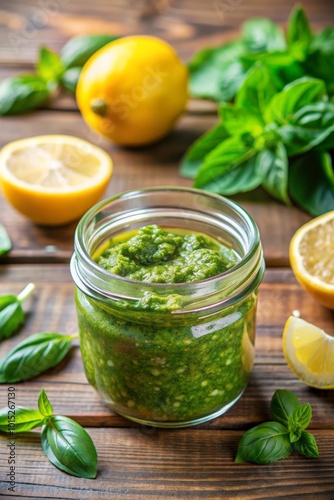 Pesto sauce with lemon in a glass jar