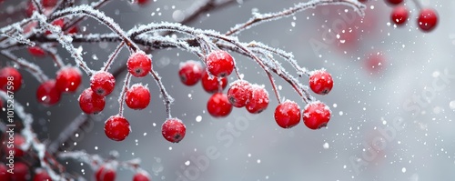 A winter scene of snow-laden branches holding red berries, with tiny snowflakes filling the air like sparkling diamonds.