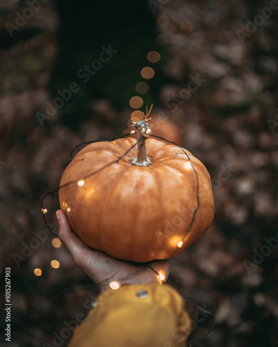 A hand holds a glowing pumpkin wrapped in delicate string lights. The warm orange tones of the pumpkin and soft bokeh in the background create a cozy, festive autumn atmosphere. Halloween themes