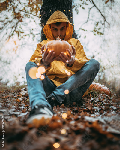 A young man in a yellow raincoat sits under a tree, holding a pumpkin wrapped in fairy lights. The autumn leaves beneath him and soft bokeh lights create a magical and cozy atmosphere of fall