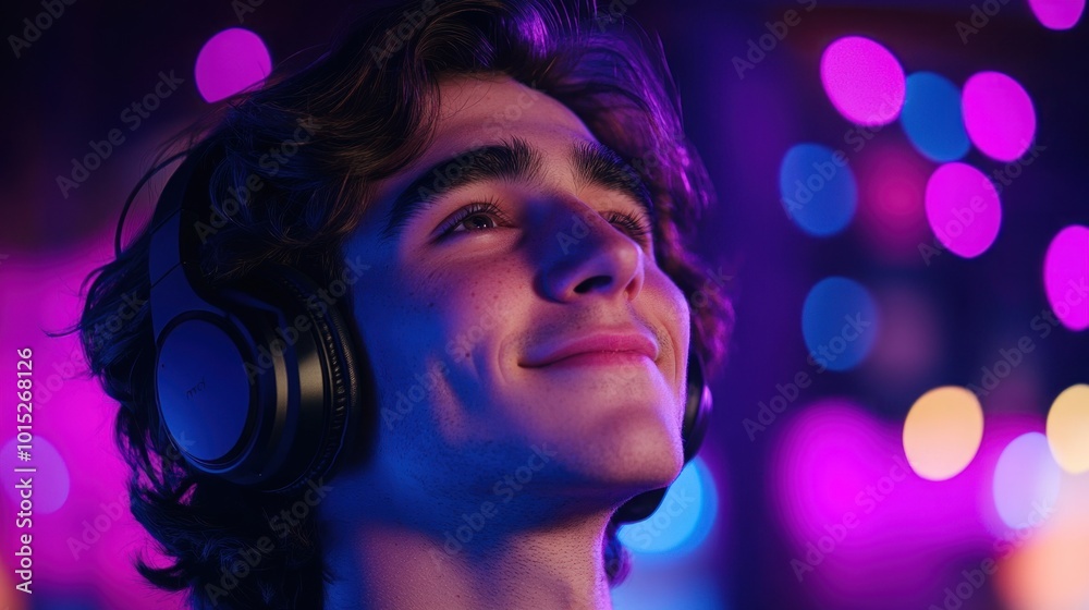 A young man with headphones on, smiling and looking up, bathed in colorful light.