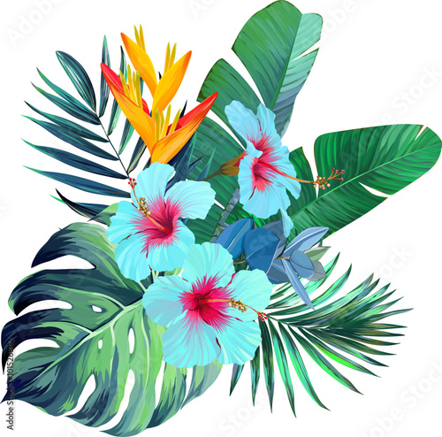 Bouquet of tropical flowers. Summer bouquet of flowers. Camellia, rose, hibiscus, orchid, plumeria, paradise flowers. Exotic, tropical