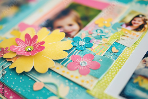 Colorful scrapbooking project featuring paper flowers, ribbons, and photos, showcasing cherished memories