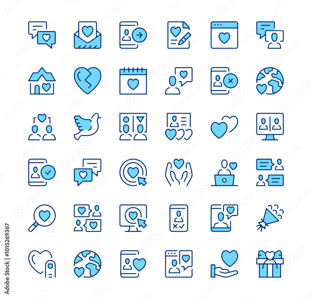 Online dating icons. Outline symbols. Vector blue line icons set