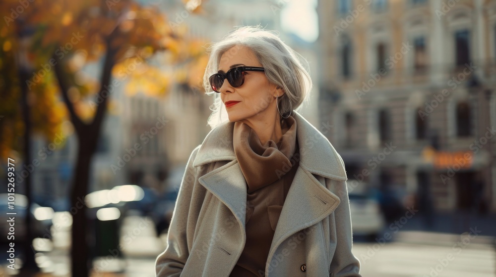 Obraz premium Graceful woman with gray hair walks in an autumn park, surrounded by vibrant orange leaves. blurred urban setting