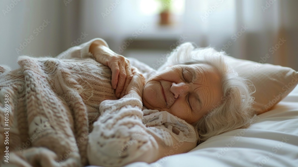 Elderly woman peacefully sleeping under a blanket in a cozy bedroom with soft natural light. rest and relaxation Elderly woman peacefully sleeping under a blanket in a cozy bedroom with soft natural light. rest and relaxation