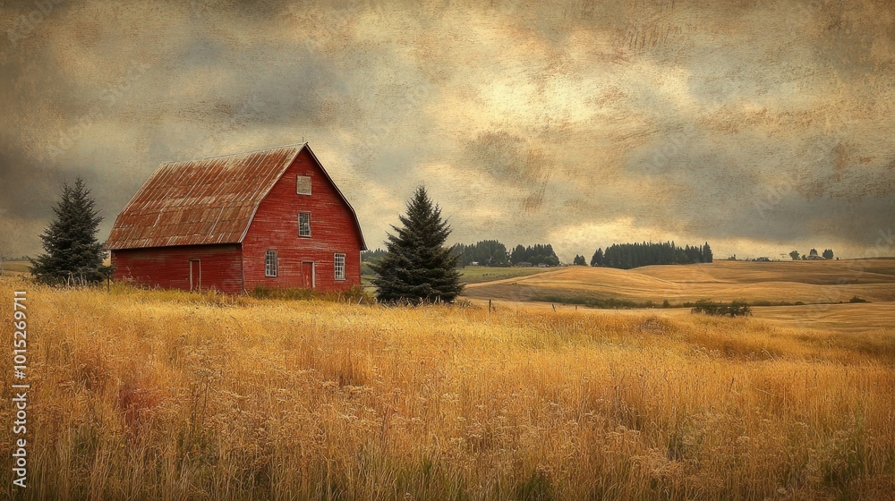 A red barn stands in a field of golden wheat, with a cloudy sky above. The barn is weathered and rustic, with a rusty roof. A red barn stands in a field of golden wheat, with a cloudy sky above. The barn is weathered and rustic, with a rusty roof.