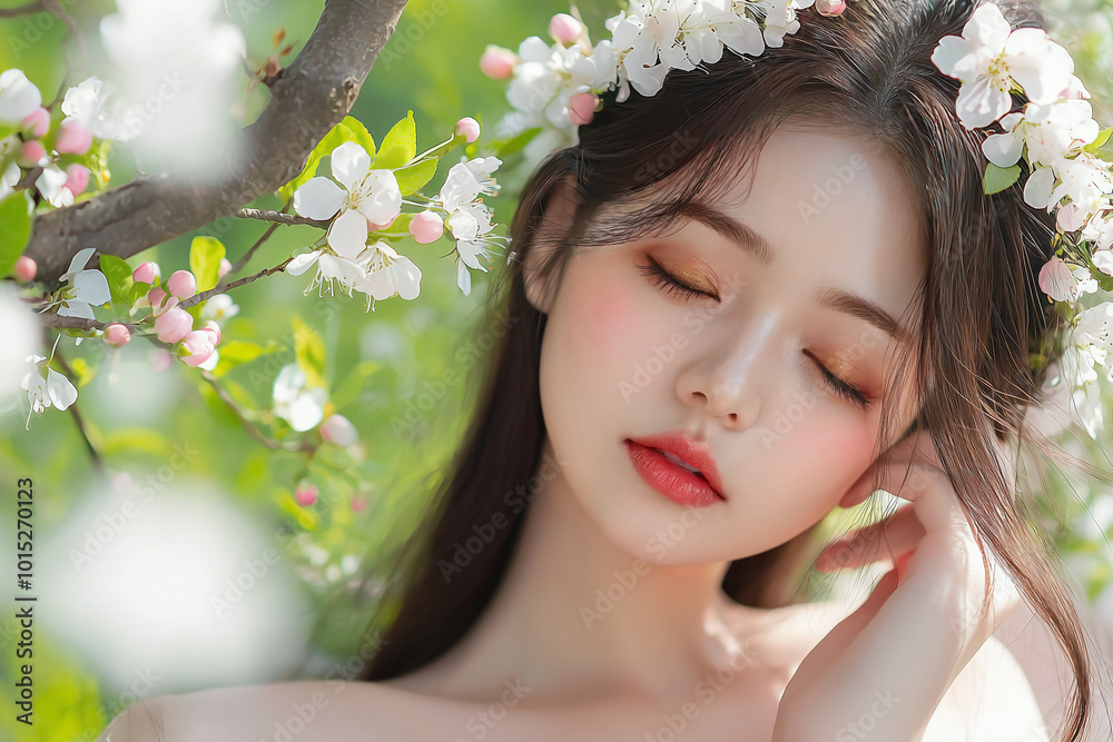 woman with a delicate blossom crown, symbolizing natural skin health and well-being. woman with a delicate blossom crown, symbolizing natural skin health and well-being.