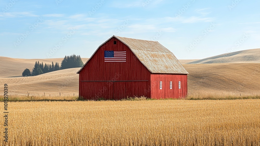 A red barn with an American flag flying from the gable, stands in a field of golden wheat. A red barn with an American flag flying from the gable, stands in a field of golden wheat.