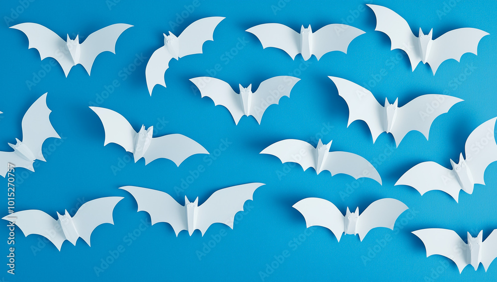 Naklejka premium A pattern of white bats on a blue background creates a spooky Halloween decoration in a flat lay, featuring black paper cut bat silhouettes from a top view.