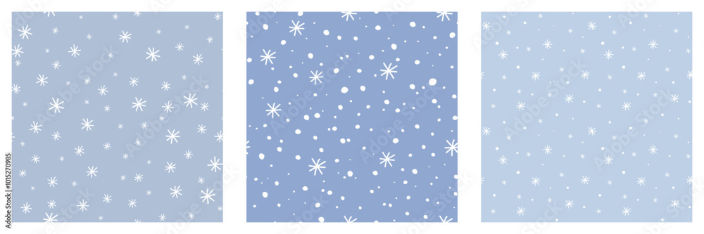 White Doodle Snowflakes seamless Patterns Set. Winter season Snowfall Christmas New year Background. Cute child Drawing pattern for wallpaper Package Wrap Design. Vector illustration