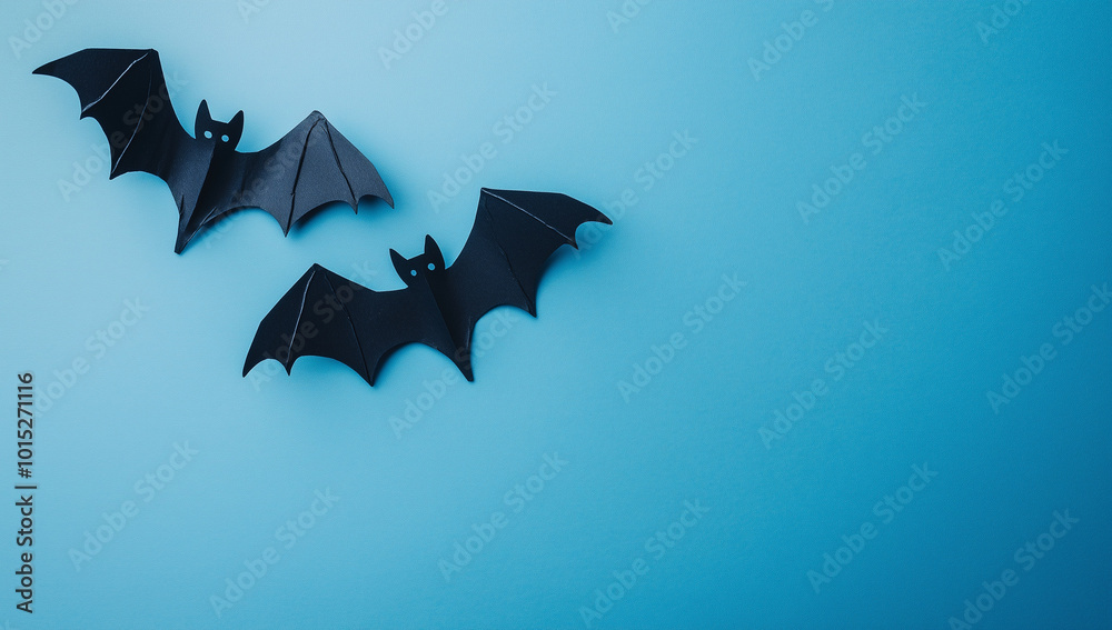 Bats are arranged on a unique pastel blue background in a flat lay, creating a spooky Halloween concept from a top view.