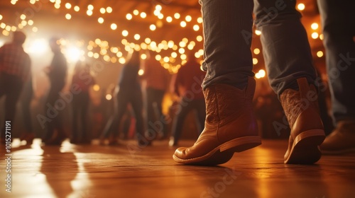 A lively crowd in cowboy boots dances energetically on a wooden floor under warm string lights, creating an inviting atmosphere in a rustic barn setting