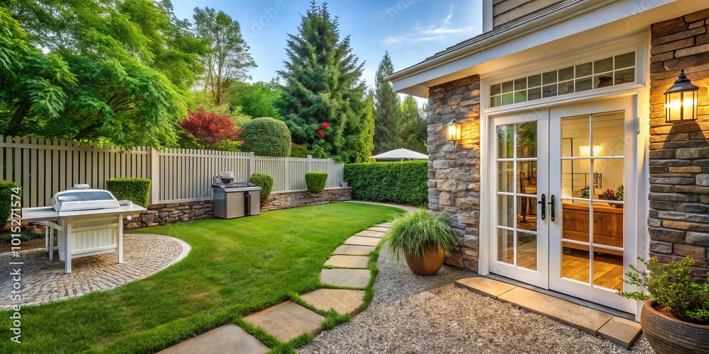 Experience the calm of a serene backyard oasis adorned with stone walls and a glass door, artistically highlighted in captivating long exposure Experience the calm of a serene backyard oasis adorned with stone walls and a glass door, artistically highlighted in captivating long exposure