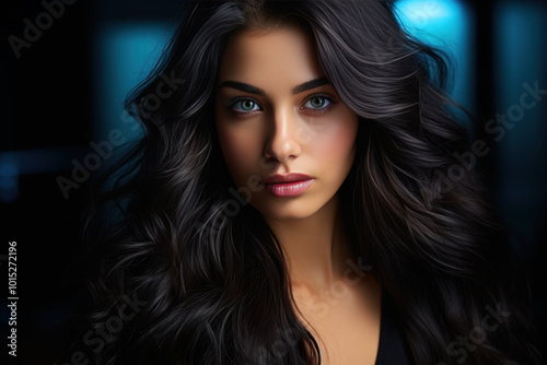 Stylish coiffure, brunette woman with long curly hair on dark background, beauty and hair care concept