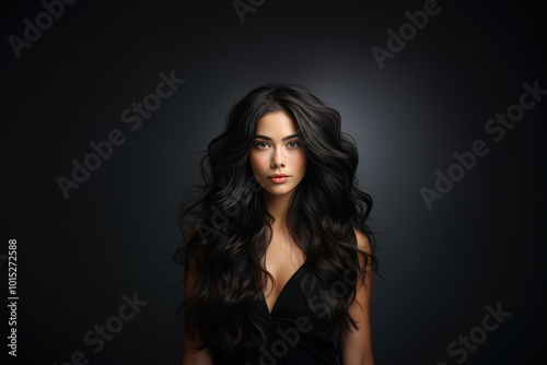 Stylish coiffure, brunette woman with long curly hair on dark background, beauty and hair care concept