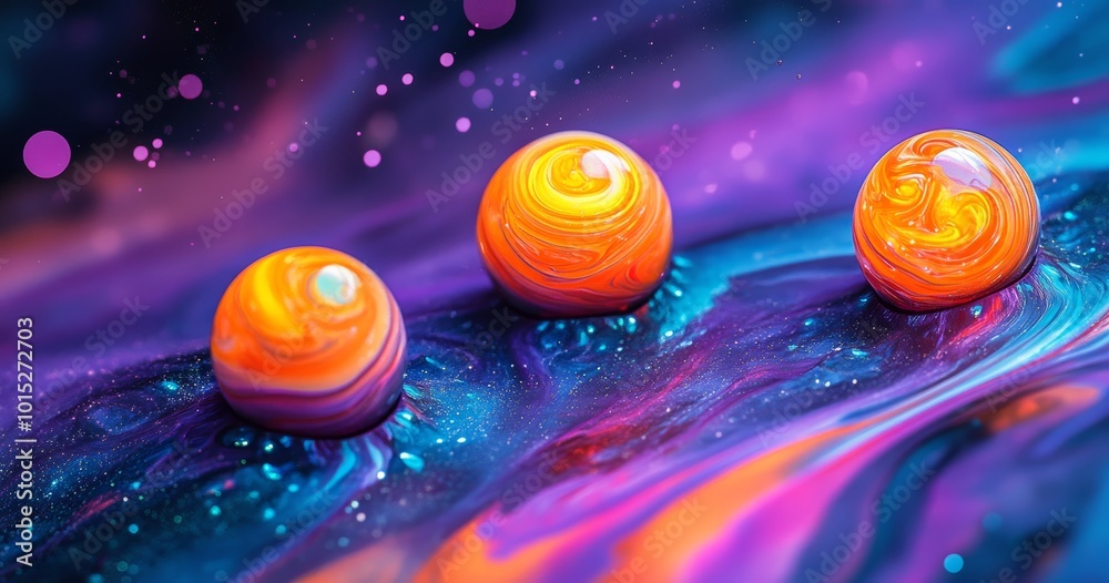 Naklejka premium Three marbles with vibrant orange swirls sit against a flowing backdrop of deep blue and purple, evoking a cosmic vibe