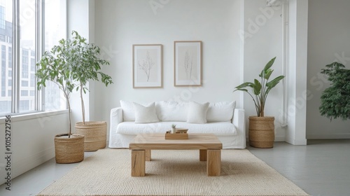 A cozy living room features a white sofa adorned with cushions, complemented by two potted plants on either side. Natural light floods through large windows, enhancing the serene atmosphere.