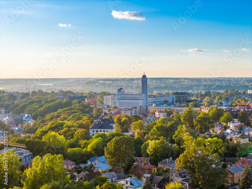 Christ's Resurrection Church in Kaunas, Lithuania, Zaliakalnis district. Aerial drone view photo during an autumn sunset photo