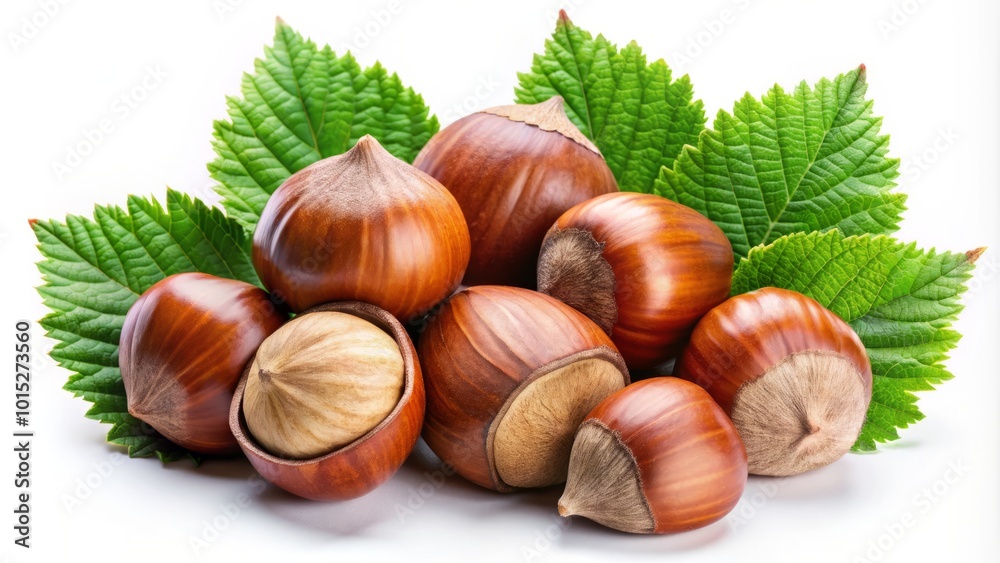 Filbert nuts and hazelnuts with lush green leaves on a transparent backdrop, ideal for culinary dishes and health-focused applications, bringing Filbert nuts and hazelnuts with lush green leaves on a transparent backdrop, ideal for culinary dishes and health-focused applications, bringing