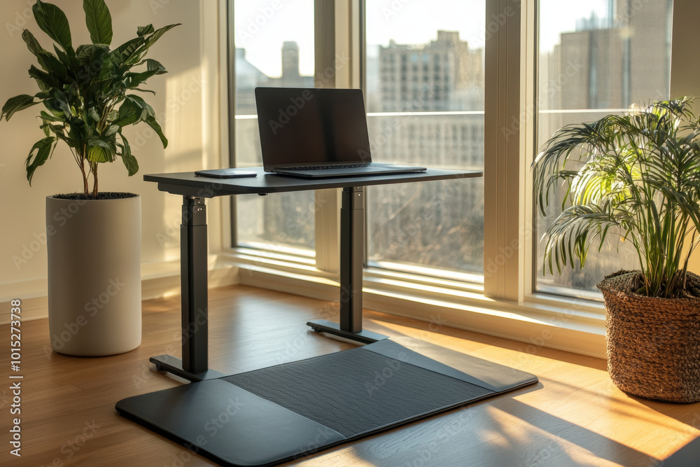 Naklejka premium Bright home office with a standing desk and a walking pad, designed for a healthy and productive work environment