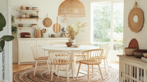 This stylish dining area showcases a round table surrounded by comfortable chairs, all illuminated by natural light streaming through large windows. The decor incorporates warm tones and textures. photo