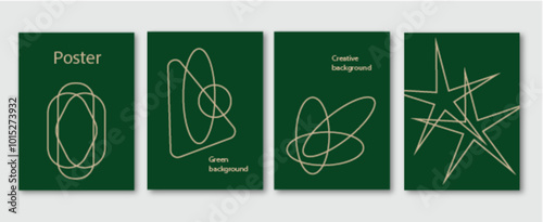 Green background vector. Cute minimal style posters with colorful geometric shapes, golden lines, modern social media wallpaper design, idol poster, banner, flyer, template