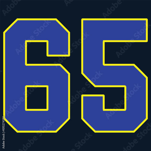 65 Classic Vintage Sport Jersey / Uniform numbers in black with a black outside contour line number on white background for American football, Baseball and Basketball or soccer