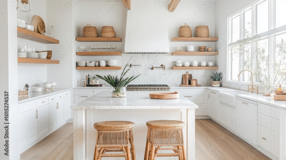 The kitchen is bright and spacious, featuring white cabinets, a white farmhouse sink, and a large white island with a marble countertop The kitchen is bright and spacious, featuring white cabinets, a white farmhouse sink, and a large white island with a marble countertop