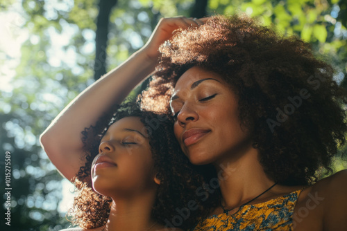 Mother and her daughter are enjoying a peaceful moment together in the park, embracing the tranquility of nature