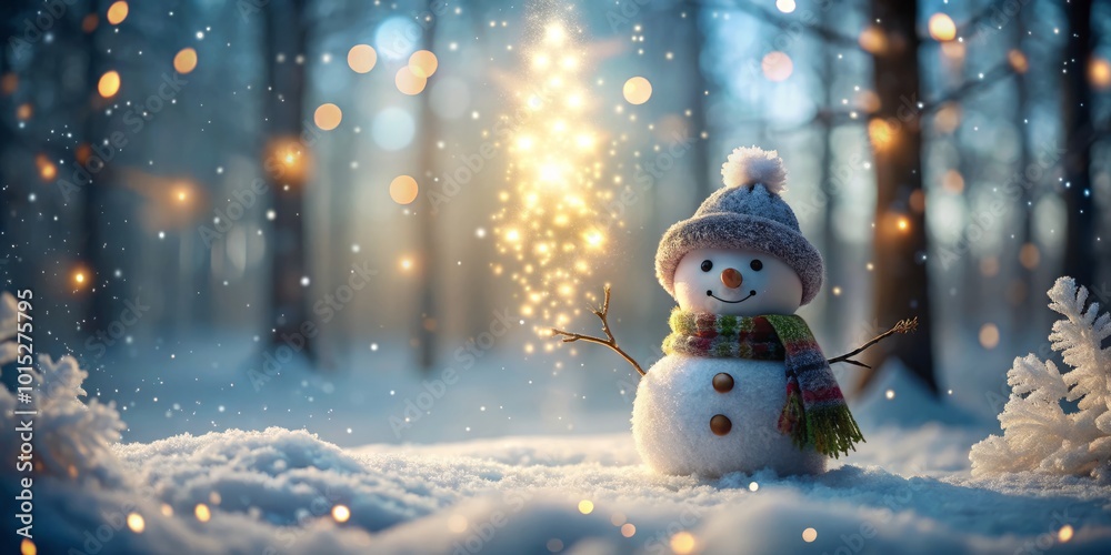 Obraz premium In a serene winter forest, a delightful snowman basks in soft bokeh effects and falling snow, crafting an enchanting setting for extraordinary winter