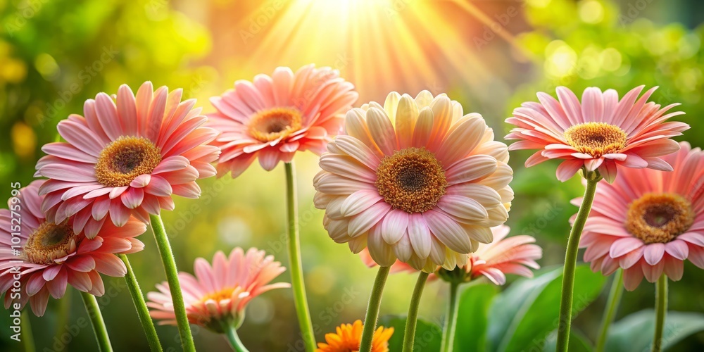 In a sunlit garden, vibrant Gerber daisies burst into bloom, representing nature's palette of colors. Their lively appearance brings joy to the In a sunlit garden, vibrant Gerber daisies burst into bloom, representing nature's palette of colors. Their lively appearance brings joy to the