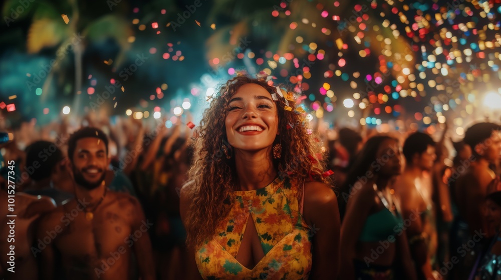 Excited audience watching confetti fireworks and having fun at night Excited audience watching confetti fireworks and having fun at night
