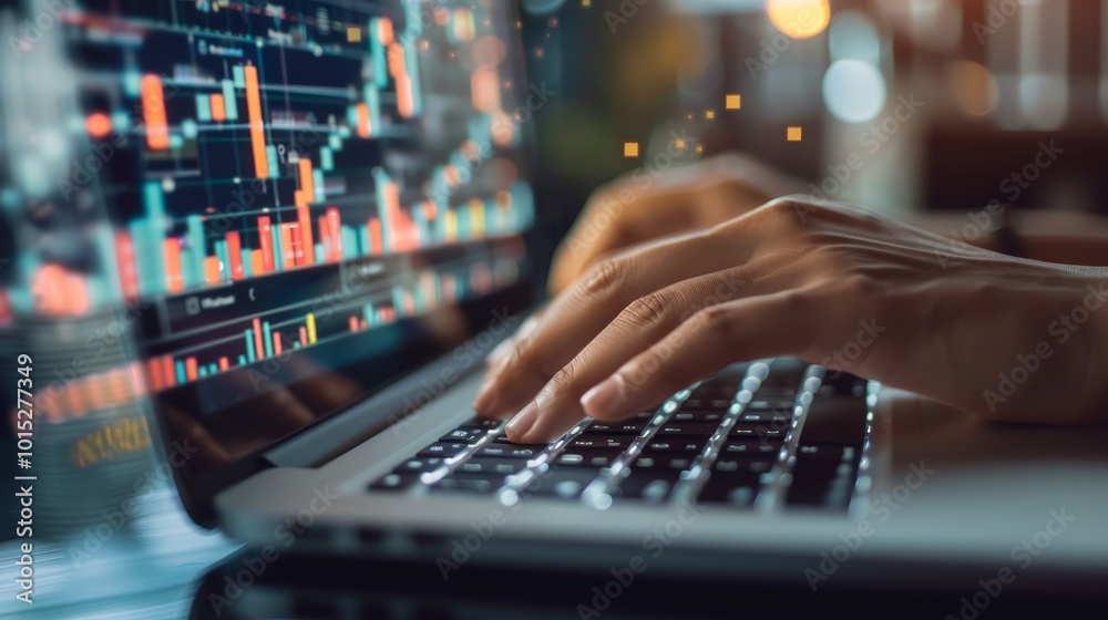 abstract hands typing on laptop keyboard, on top of image overlaid diagrams and graphs, concept of business and future