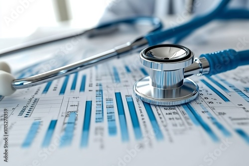 A doctor analyzing a financial graph, showcasing virtual data and growth trends in the healthcare and medical insurance sectors.