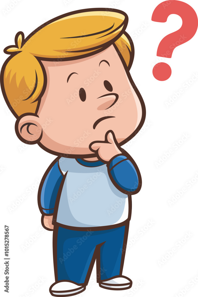 Cartoon Boy in Deep Thought with Question Mark Illustration Cartoon Boy in Deep Thought with Question Mark Illustration